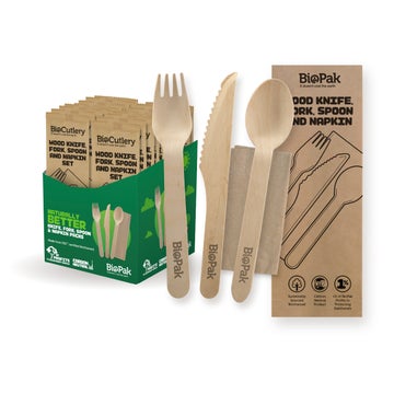 16cm FSC™ Wood Fork, Knife, Spoon & Napkin Sets